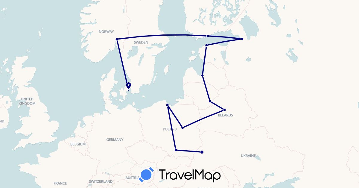 TravelMap itinerary: driving in Belarus, Denmark, Estonia, Finland, Lithuania, Latvia, Norway, Poland, Russia, Ukraine (Europe)